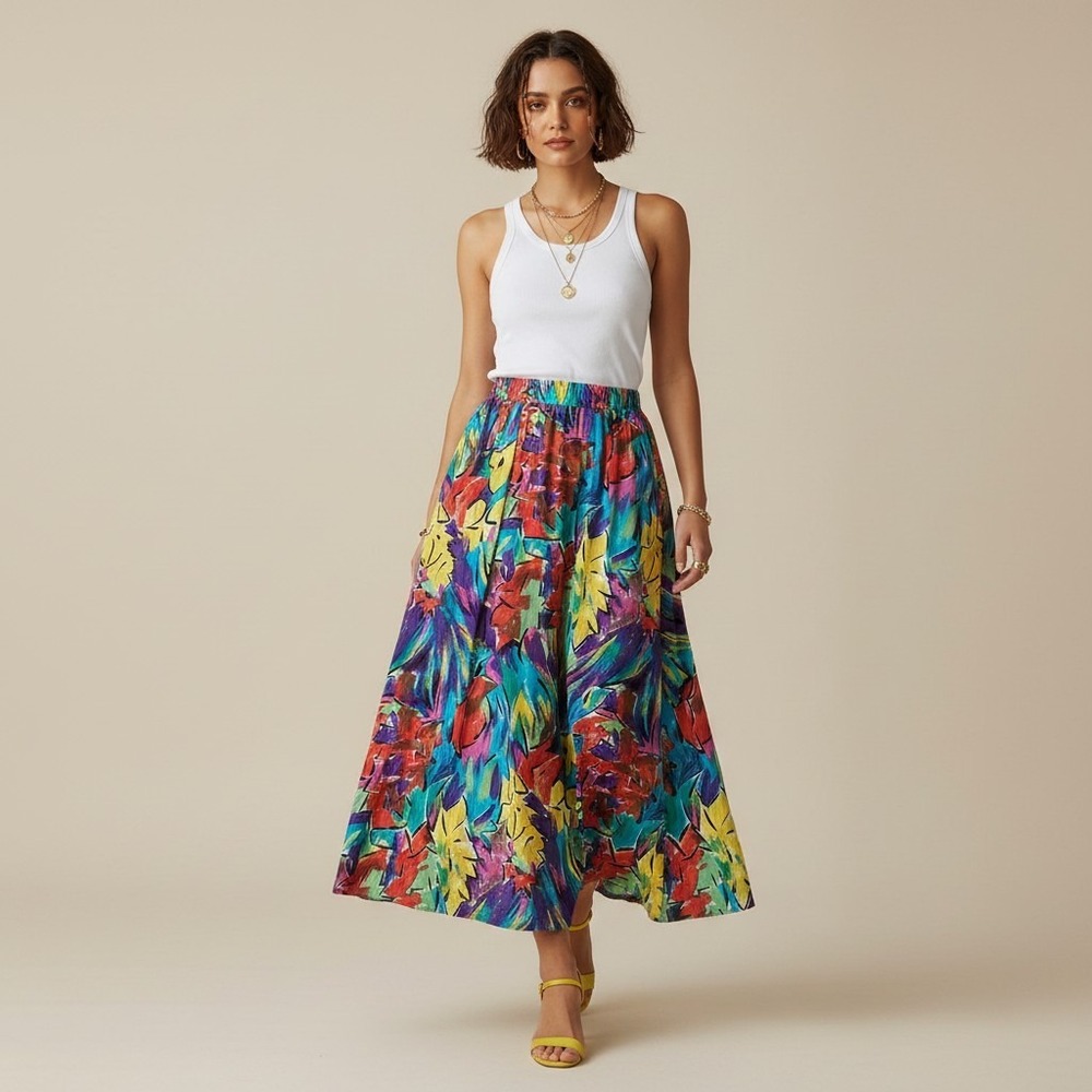 DG Studio 100% Silk Maxi Skirt Small Abstract Multicolor Pleated Elastic Waist